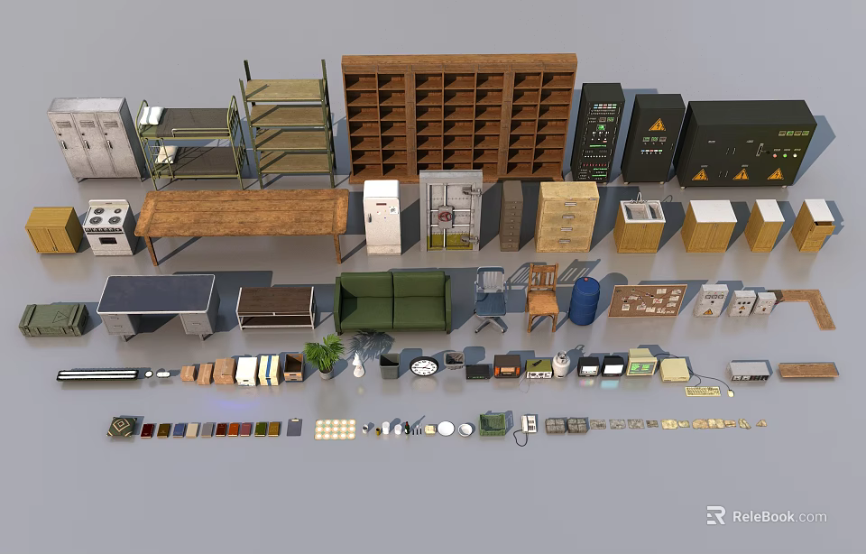 Modern Office Desk Setup With Bookshelves File Cabinets And Office Supplies 3d model 