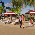 Tropical Beach Scene With Palm Trees Red White Striped Umbrellas Deck Chairs And Strolling People