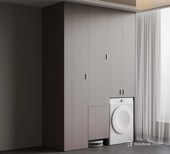 Modern Minimalist Balcony Cabinet Interior Design With Washing Machine And Curtain 3d model 