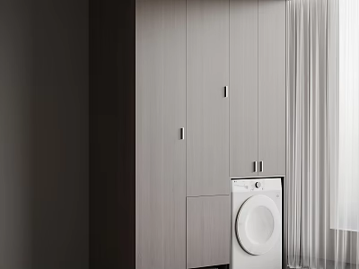 Modern Minimalist Balcony Cabinet Interior Design With Washing Machine And Curtain 3d model