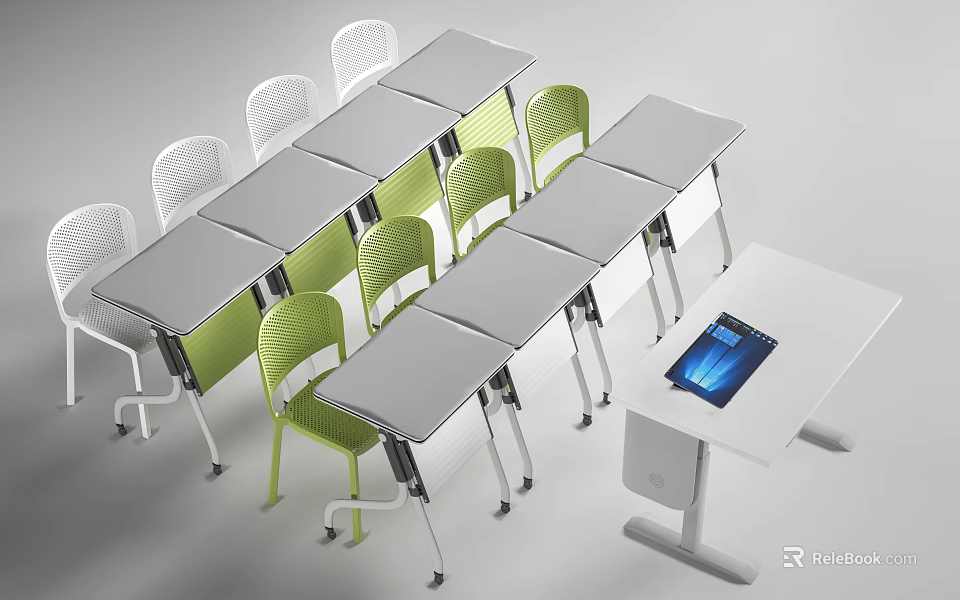 Modern Folding Tables And Green White Chairs For Office Classroom Use 3d model 