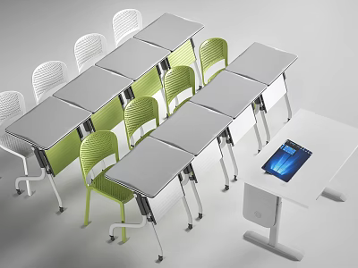 Modern Folding Tables And Green White Chairs For Office Classroom Use 3d model