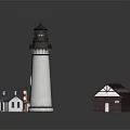 Residential Building Near Lighthouse with Adjacent Structure Red White Pillar and Reflection 3d model