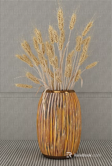 Decorative Ornament Set With Wheat Ears In Striped Ceramic Vase 3d model