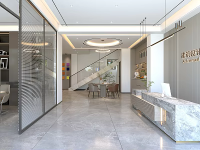 Modern Stylish Office Reception Area With Marble Counter And Spacious Bright Elegant Interior Design 3d model