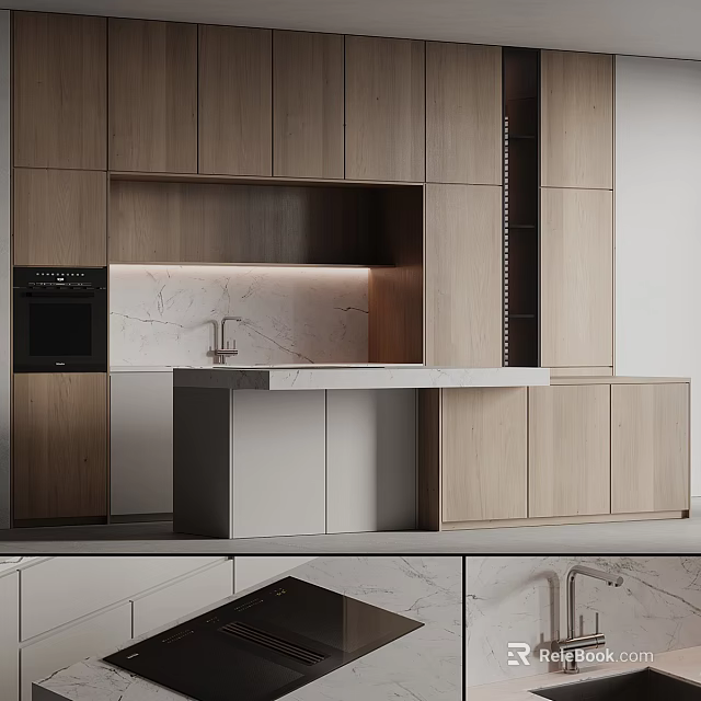 Modern Wooden Kitchen Cabinets With Marble Countertop And Stylish Island Design 3d model 