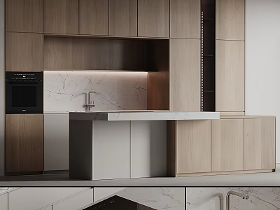 Modern Wooden Kitchen Cabinets With Marble Countertop And Stylish Island Design 3d model