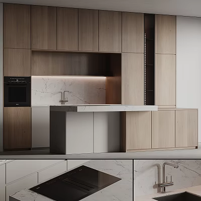 Modern Wooden Kitchen Cabinets With Marble Countertop And Stylish Island Design 3d model