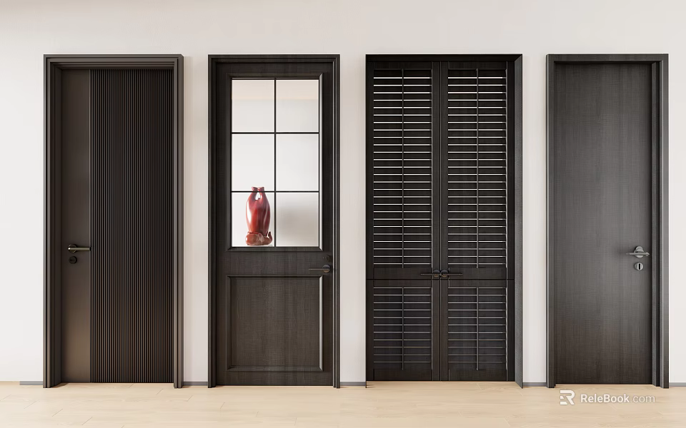Dark Colored Doors With Glass Panel And Louver Designs For Home Interior 3d model 