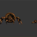 Realistic Detailed Wooden Textured Spiders Large And Small On Dark Background