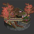 Cartoon Scene Featuring Cozy Cabin Tall Trees Wooden Bridge Stream And Yellow Car