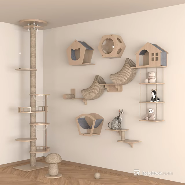 Wooden Cat Display Shelves With Tree House Shaped Beds Toys And Figurines 3d model 