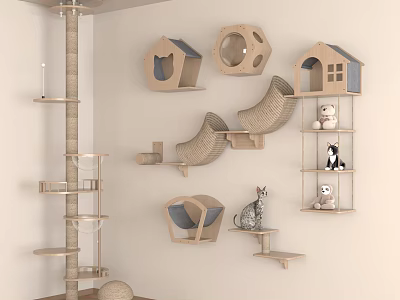 Wooden Cat Display Shelves With Tree House Shaped Beds Toys And Figurines 3d model