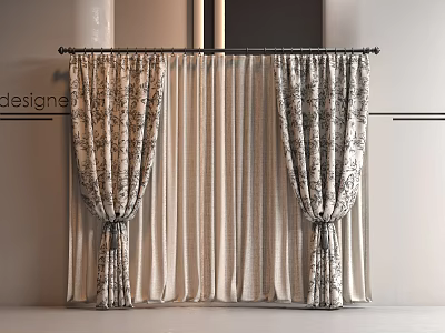 Elegant Patterned Curtains With Sheer Panels And Neutral Tones For Window Decor 3d model