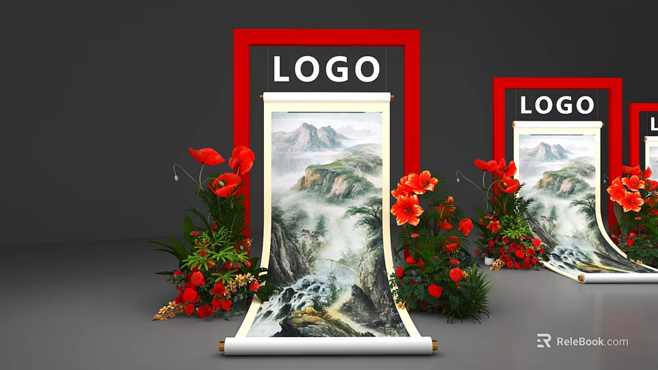 Floral Art Display with Landscape Scroll Painting Red Floral Arrangements in Red Frames with LOGO 3d model 