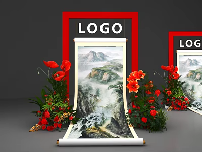 Floral Art Display with Landscape Scroll Painting Red Floral Arrangements in Red Frames with LOGO 3d model