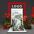 Floral Art Display with Landscape Scroll Painting Red Floral Arrangements in Red Frames with LOGO