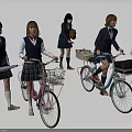 Students In School Uniforms Riding Bicycles With Baskets And Holding Umbrellas