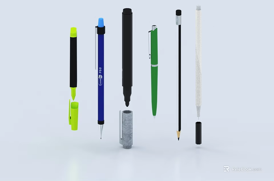 Various Colored Pens Including Green Blue Black Yellow With Pencil Pen Cap And Holder 3d model 