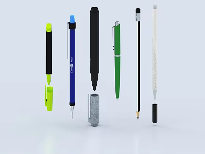 Various Colored Pens Including Green Blue Black Yellow With Pencil Pen Cap And Holder 3d model