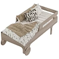 Wooden and White Kids Bed with Geometric Pattern Bedding and Wheel Design