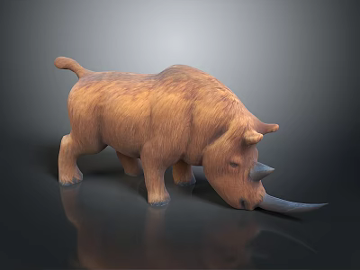 Detailed Brown Furry Rhinoceros 3D Model on Dark Reflective Surface 3d model