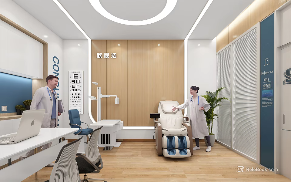 Modern Optical Clinic Interior With Examination Chair Doctor Patient Medical Equipment And Green Plant 3d model 