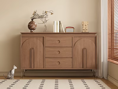 Modern Wooden Entryway Cabinet Sideboard With Decorative Vase Books Sculpture And Polka Dot Carpet 3d model