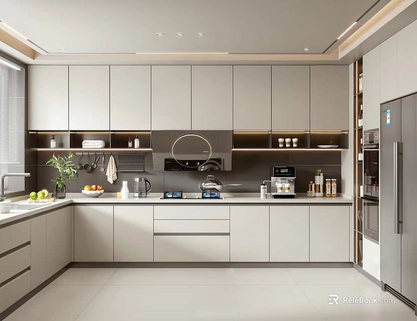 Modern Kitchen Interior Design With Gray Cabinets Sleek Countertop And Appliances 3d model 