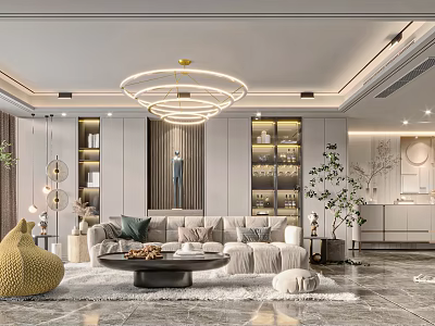 Modern Elegant Living Room with Sofa Cushions Round Coffee Table Rug Chandelier Display Cabinets Plants 3d model