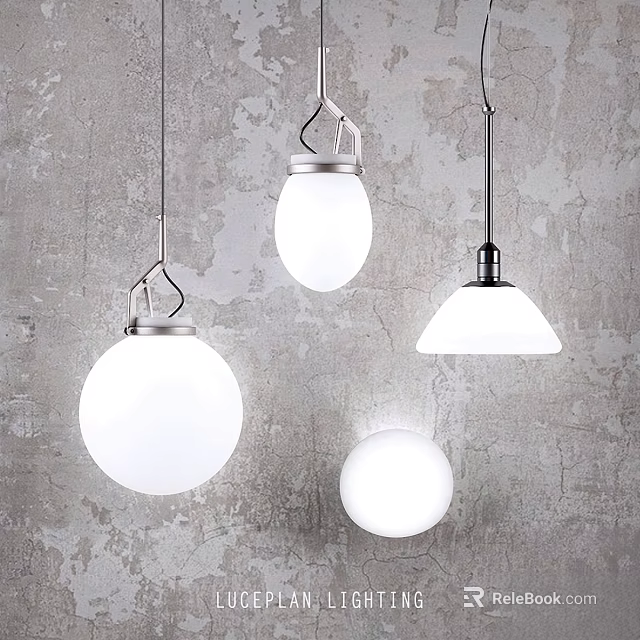 Modern White Globe And Cone Shaped Chandeliers With Metal Frames Hanging On Gray Wall 3d model 