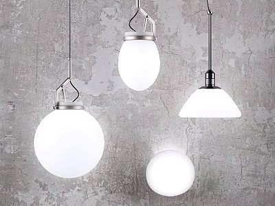 Modern White Globe And Cone Shaped Chandeliers With Metal Frames Hanging On Gray Wall 3d model