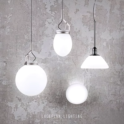 Modern White Globe And Cone Shaped Chandeliers With Metal Frames Hanging On Gray Wall 3d model