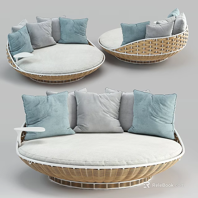 Round Wicker Outdoor Sofa With Light Blue And Gray Comfortable Cushions 3d model 