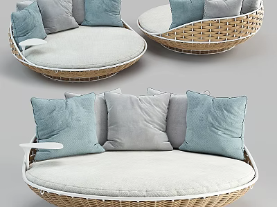 Round Wicker Outdoor Sofa With Light Blue And Gray Comfortable Cushions 3d model