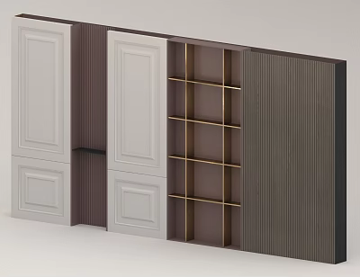 Modern Background Wall With White Paneled Doors Dark Brown Frame Gold Shelves And Striped Design 3d model