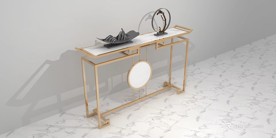 Elegant Console Table With Gold Frame White Top Circular Mirror And Decorative Ornaments 3d model