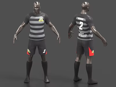 Gray Black Striped Soccer Jersey Front Badge Back Number 2 Black Shorts Red Yellow Accents 3d model