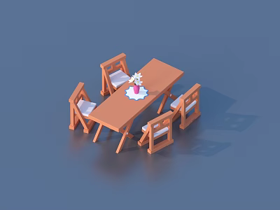 Wooden Dining Table With Four Chairs And Flower Vase On Blue Background 3d model