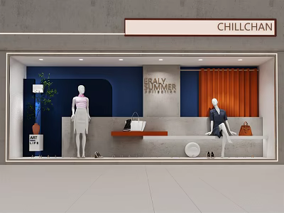 CHILLCHAN Store Window With Real Summer Theme Mannequins Blue Background Orange Curtains Bags And Shoes 3d model