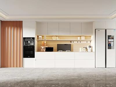 Modern White Kitchen Cabinets With Wooden Accents And Built in Appliances 3d model