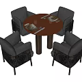 Modern Round Red Wooden Table With Four Gray Upholstered Dining Chairs Set 3d model
