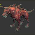 Red 3D Rendered Dog Shaped Monster With Horns Spikes Sharp Teeth Claws And Lava Texture