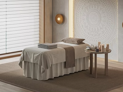 Relaxing SPA Room With Massage Bed Light Sheets Towels Candles And Ornate Wall 3d model