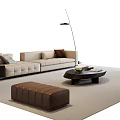Modern Beige Sofa and Round Coffee Table Set with Brown Ottoman and Floor Lamp