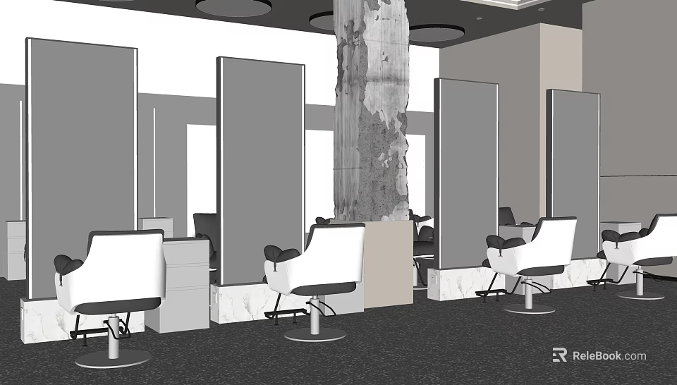 Modern Hair Salon Interior Design With White Salon Chairs Large Mirrors And Decorative Pillar 3d model 