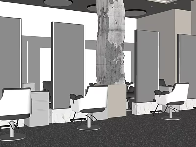 Modern Hair Salon Interior Design With White Salon Chairs Large Mirrors And Decorative Pillar 3d model