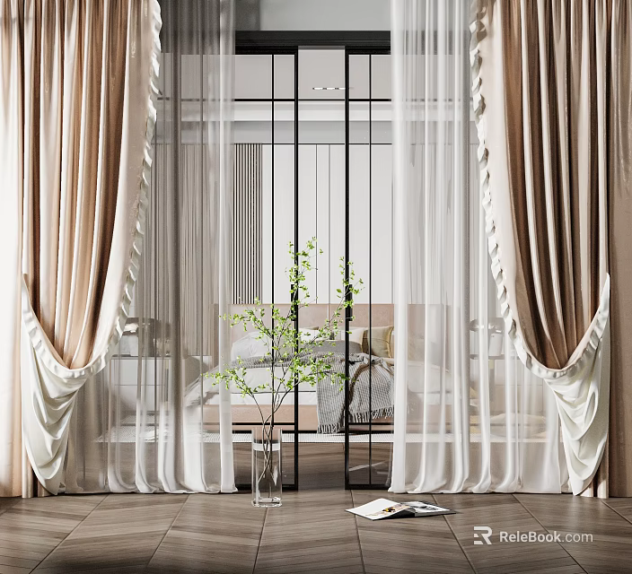 Elegant Beige Curtains With Sheer Layers Pleated Design And Potted Plant In Bedroom 3d model 