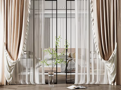 Elegant Beige Curtains With Sheer Layers Pleated Design And Potted Plant In Bedroom 3d model