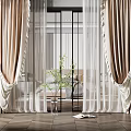 Elegant Beige Curtains With Sheer Layers Pleated Design And Potted Plant In Bedroom